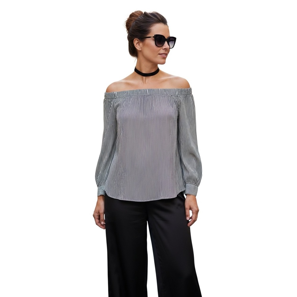Cabi Brigitte 5258 Off The Shoulder 100% Silk Striped Blouse Black Cream Small.